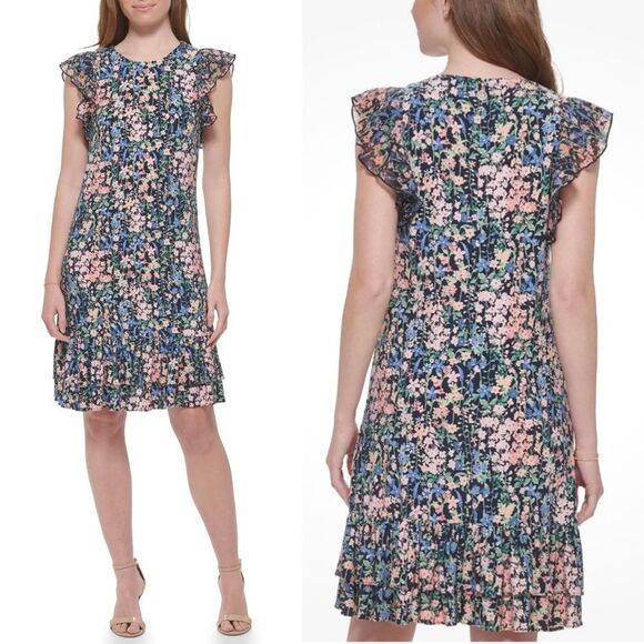 Tommy Hilfiger Size 10 Floral Printed Flutter Sleeve Tiered Ruffle Trim Dress - Picture 13 of 13